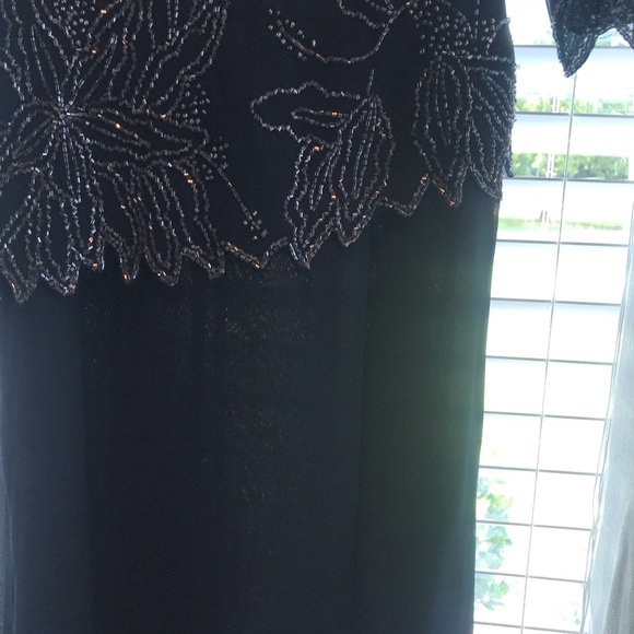 Long navy evening gown with sheer beaded overlay and sheer short jacket - Picture 2 of 8